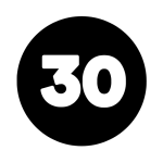 Black number 30 graphic in a circle