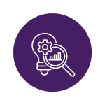 Purple icon graphic with cog and graph in magnifying glass