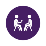 Purple icon graphic with people sat on chairs doing an interview