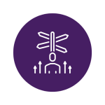 Purple icon graphic with person standing below a signpost