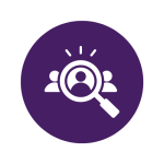 Purple icon graphic with people in magnifying glass