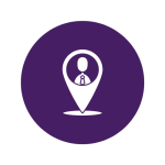Purple icon graphic with person inside a location pin
